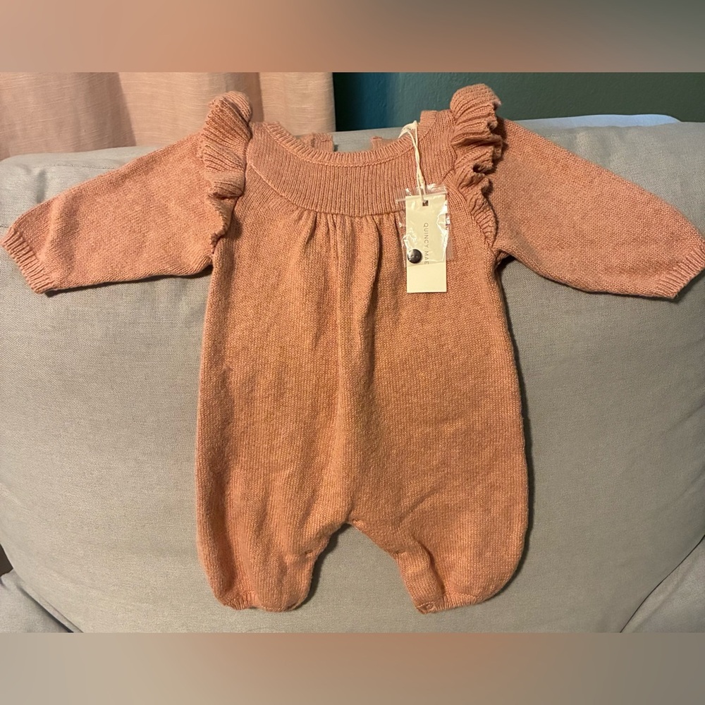 Quincy Mae Ruffled Knit romper- salmon color